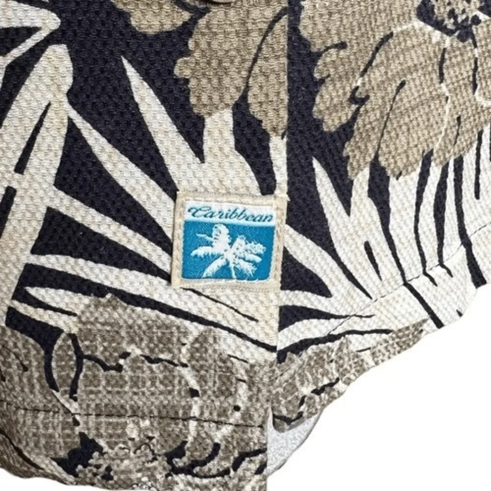 Caribbean Pure‎ Silk Men's Shirt Short Sleeve Tropical Print Black Tan Cream XL